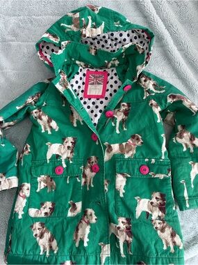 Mini Boden Green Hooded coat with Dog Print and Pink Buttons